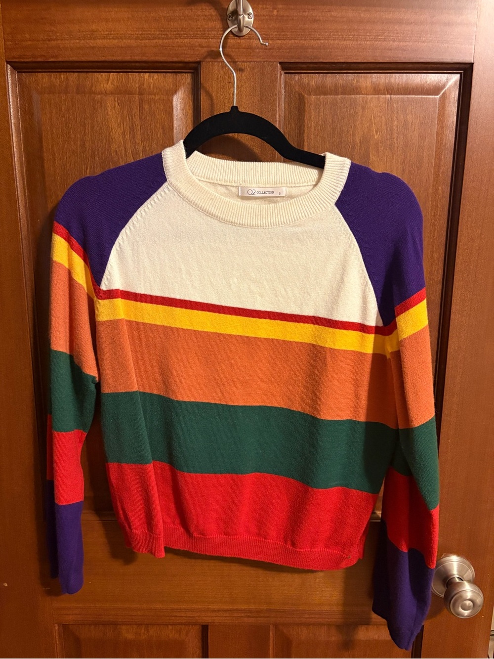 Colorblock Crewneck Sweater in Cream, Purple, Orange, Green & Red by Q2